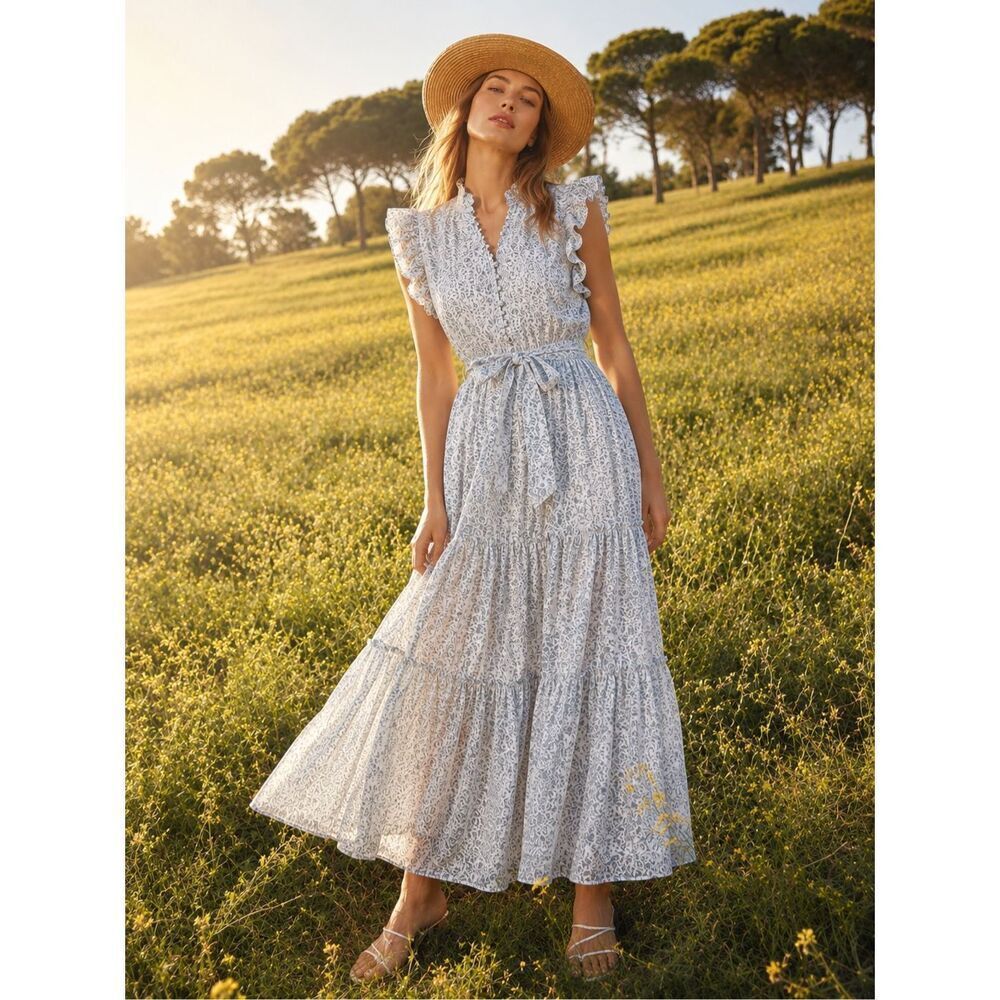 Outerknown Canyon Dress S Organic Cotton Floral Tiered Belted Blue Gray Midi